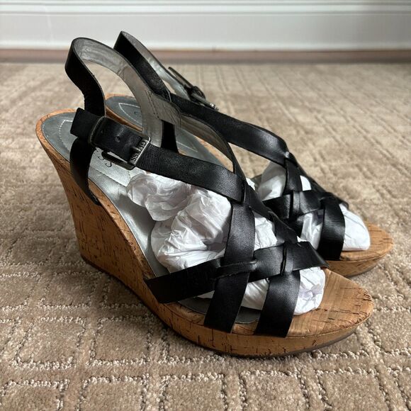 Guess Leather Wedge Platform Sandals Women's 10M Black Strappy Slingback Y2K - Picture 1 of 9